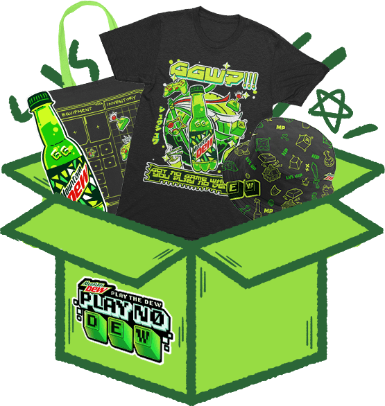 Mountain Dew buff box with merch and refreshments